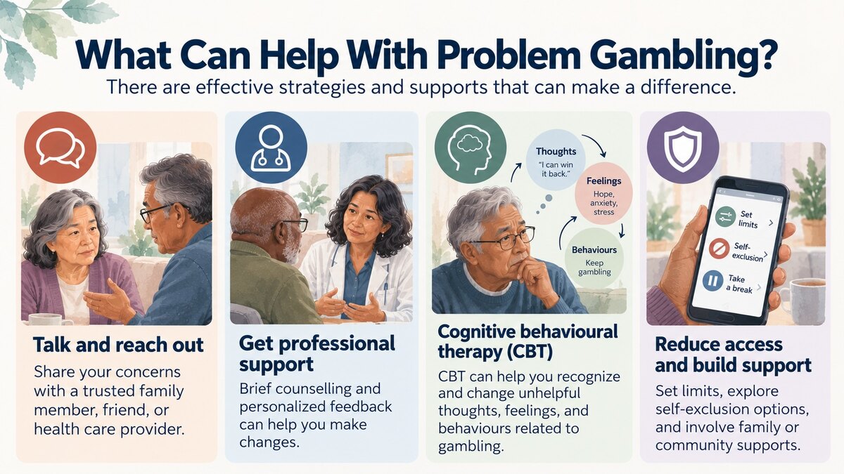 What can help with problem gambling? Strategies and supports for problem gambling: reaching out, professional support, cognitive behavioural therapy, and reducing access to gambling.
